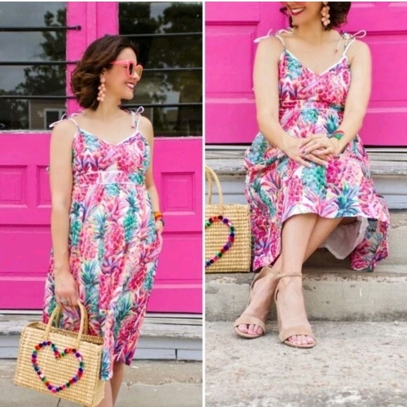 J. Crew NWOT Painted Pineapple Print Speghetti Strap Midi Dress Size 4 Women's - Picture 3 of 13